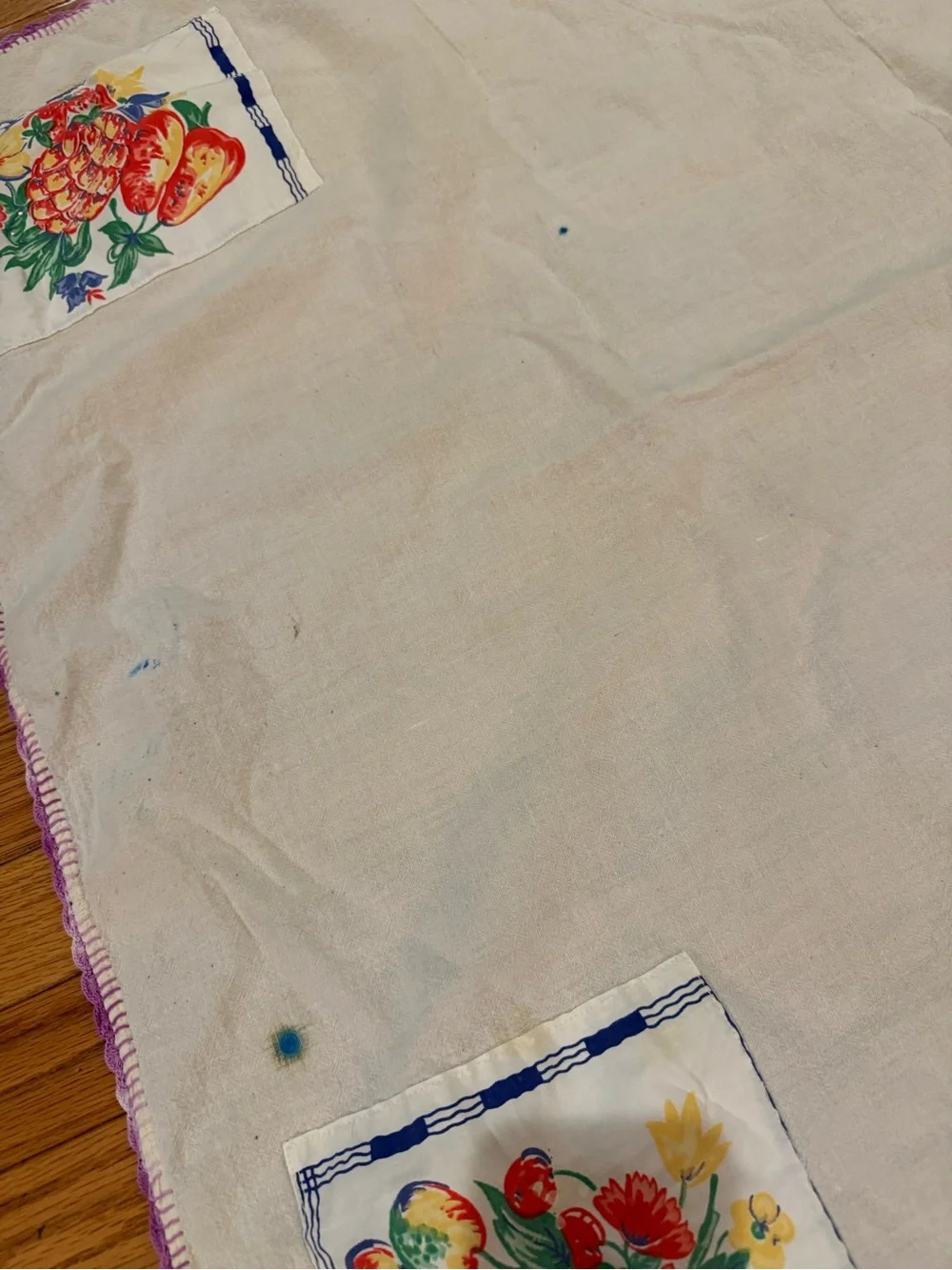 Vintage cotton tablecloth fruit print patches crochet edge 34x36 grannycore
